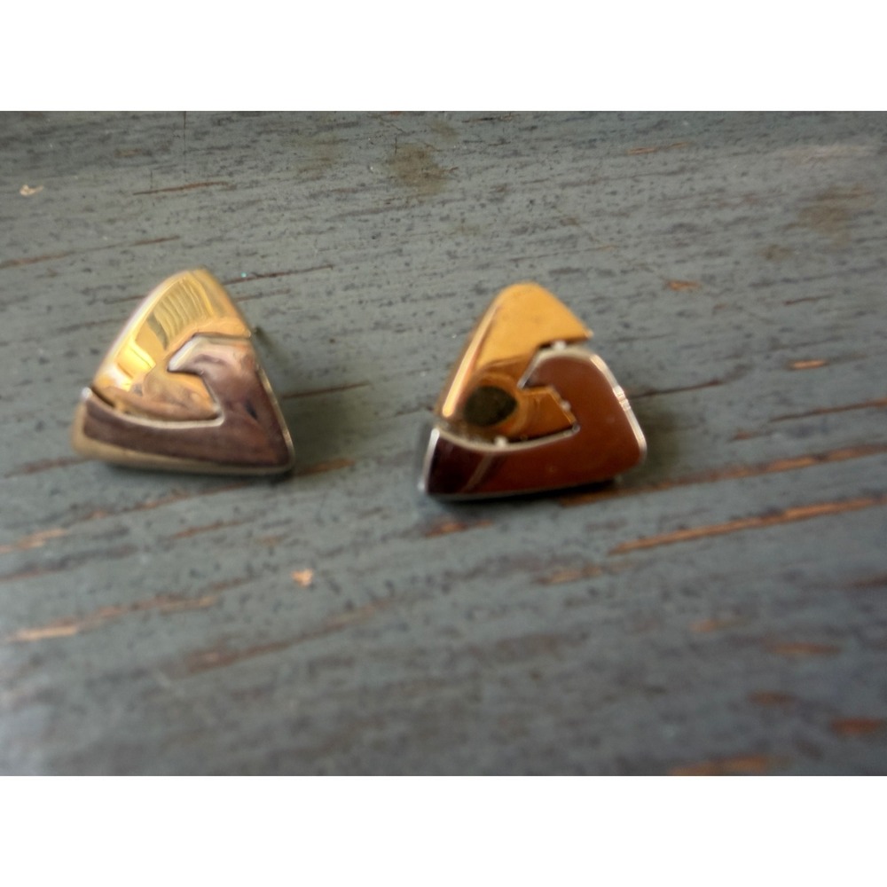 Vintage Two Tone Triangle Stud Earrings Gold Silver Interlocking Geometric Post